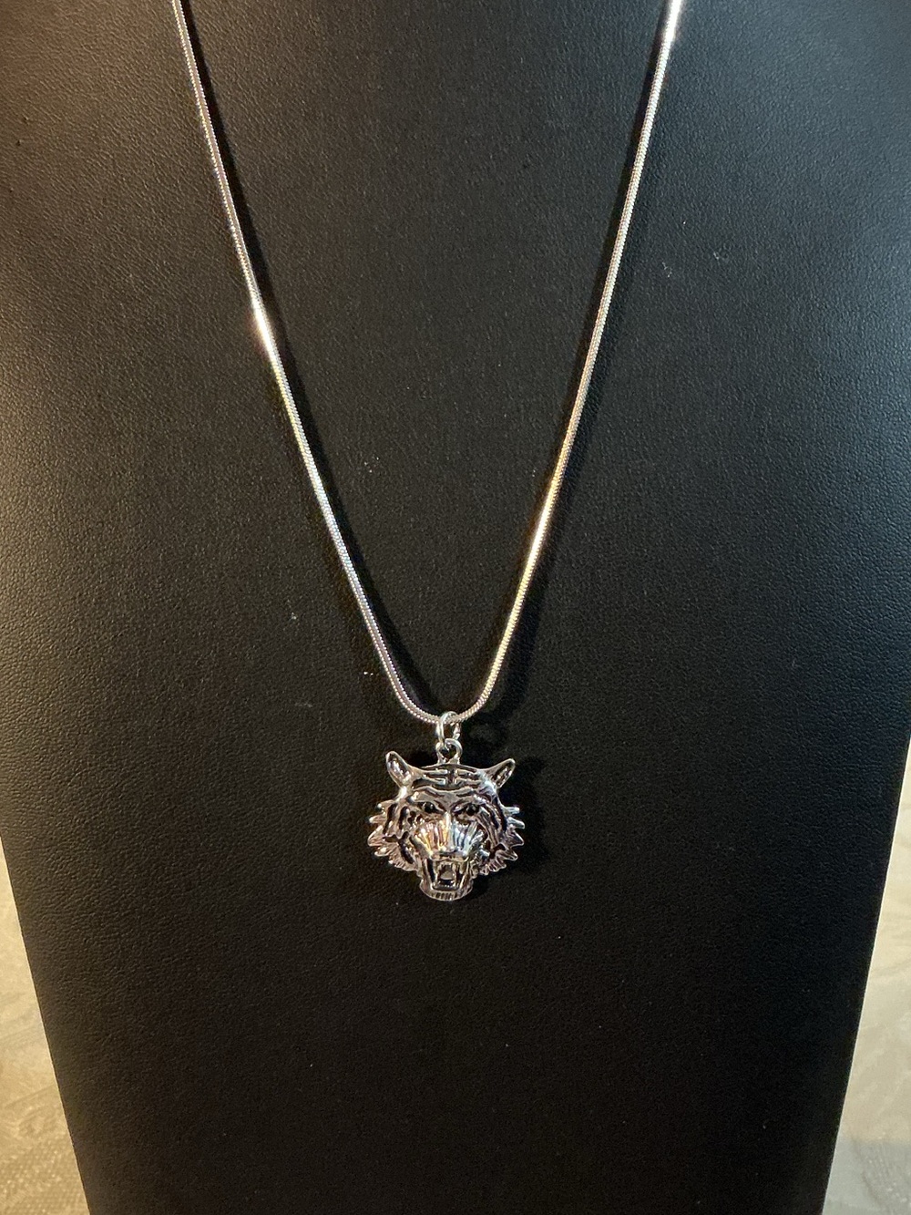 Roaring Tiger Head Silver Tone Pendant Necklace